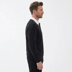 MannerCo black polo collar hoodie side view with white shirt collar detail