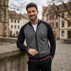 MannerCo black raglan sleeve cardigan sweater slim fit stand-up collar worn outdoors