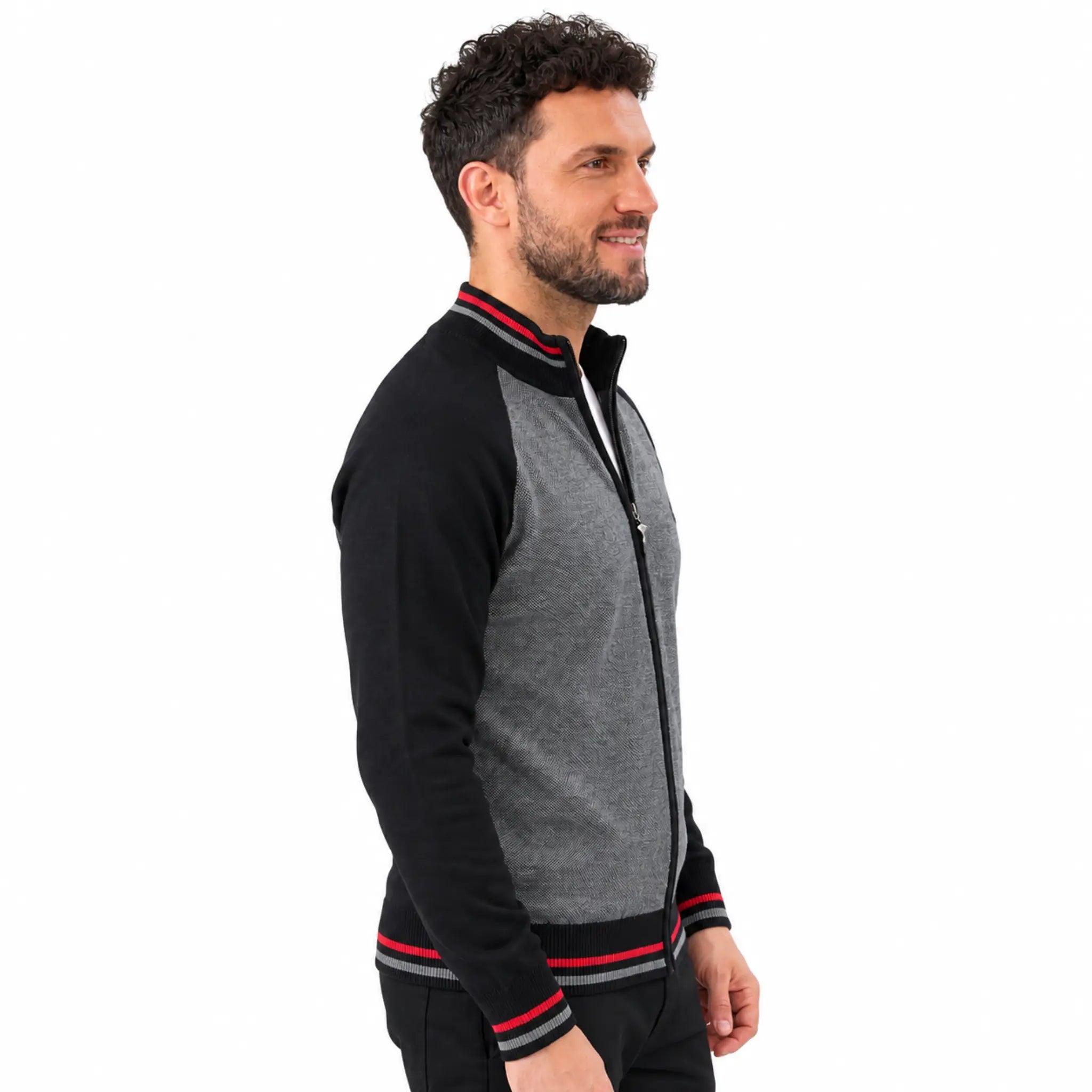 MannerCo black raglan sleeve cardigan sweater with red striped trim slim fit stand-up collar side view