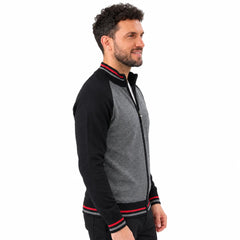 MannerCo black raglan sleeve cardigan sweater with red striped trim slim fit stand-up collar side view