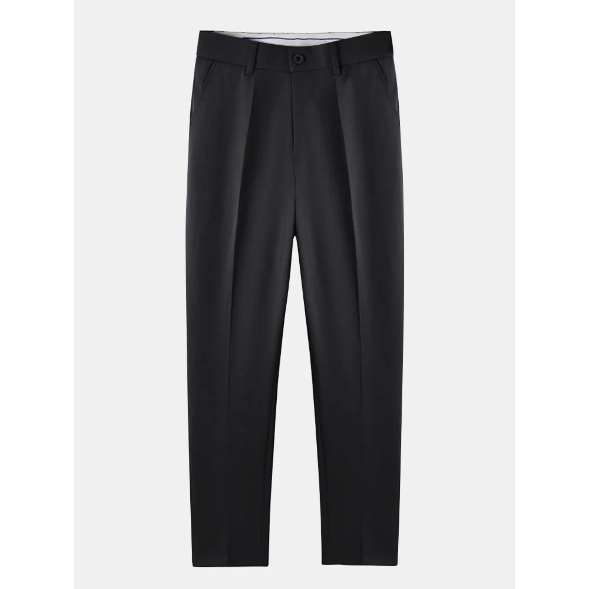 MannerCo black slim fit tapered dress trousers flat lay part of 2-piece linen look set