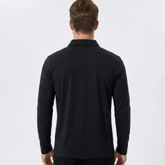 Man wearing black solid long sleeve cotton polo shirt, back view on neutral background