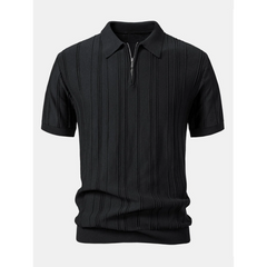 Stripe Jacquard Knit Zip-Up Polo Shirt | Smart Casual Short Sleeve