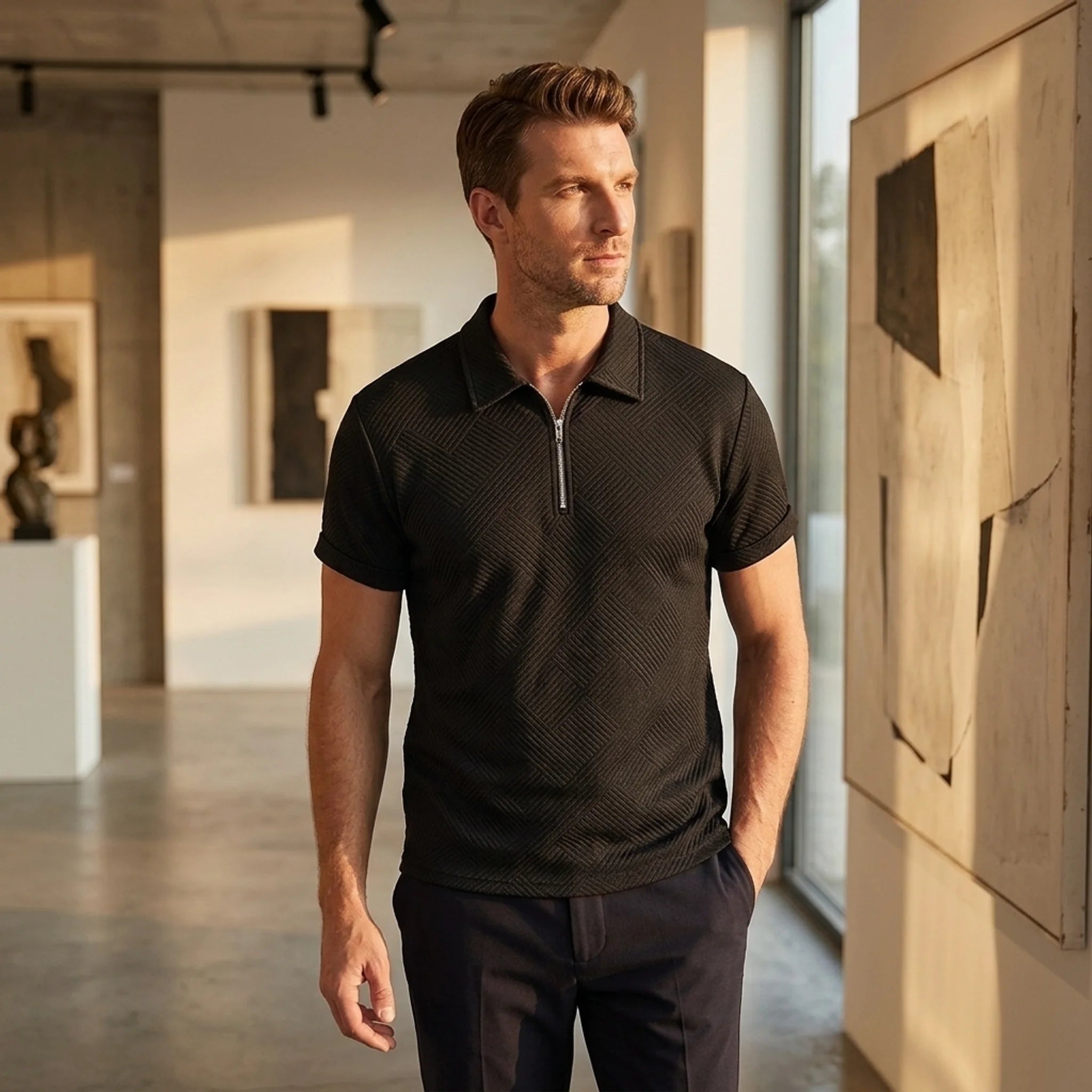 Man wearing black stripe jacquard zip-up polo shirt in outdoor lifestyle setting