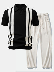 Man wearing a black striped knit Johnny collar polo shirt and waffle drawstring pants front view
