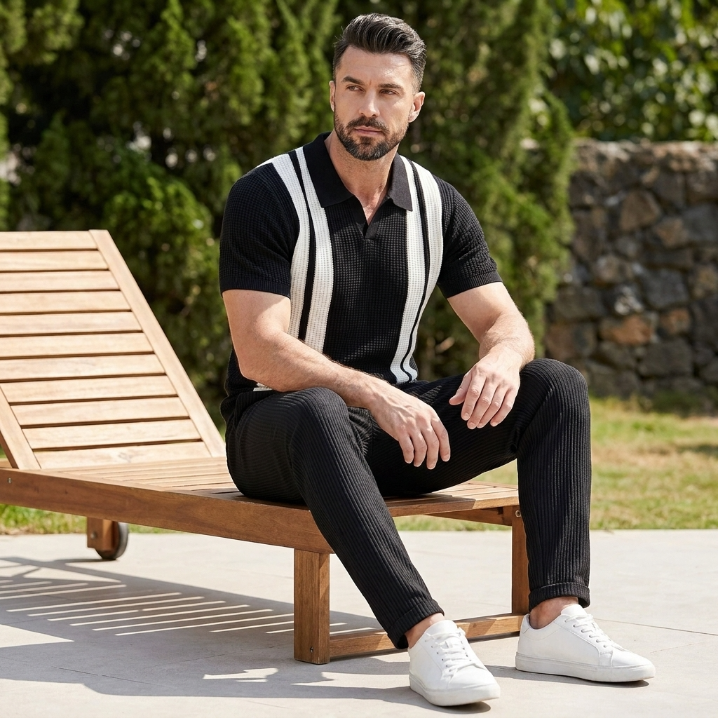 Full length view of man wearing black striped knit polo and waffle drawstring pants