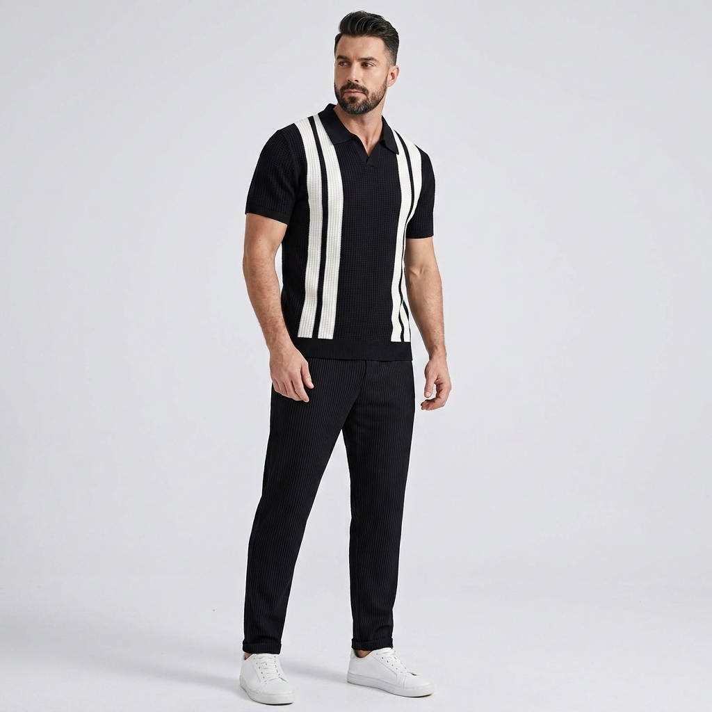 Man in black striped knit Johnny collar polo and waffle pants in sunny outdoor summer scene
