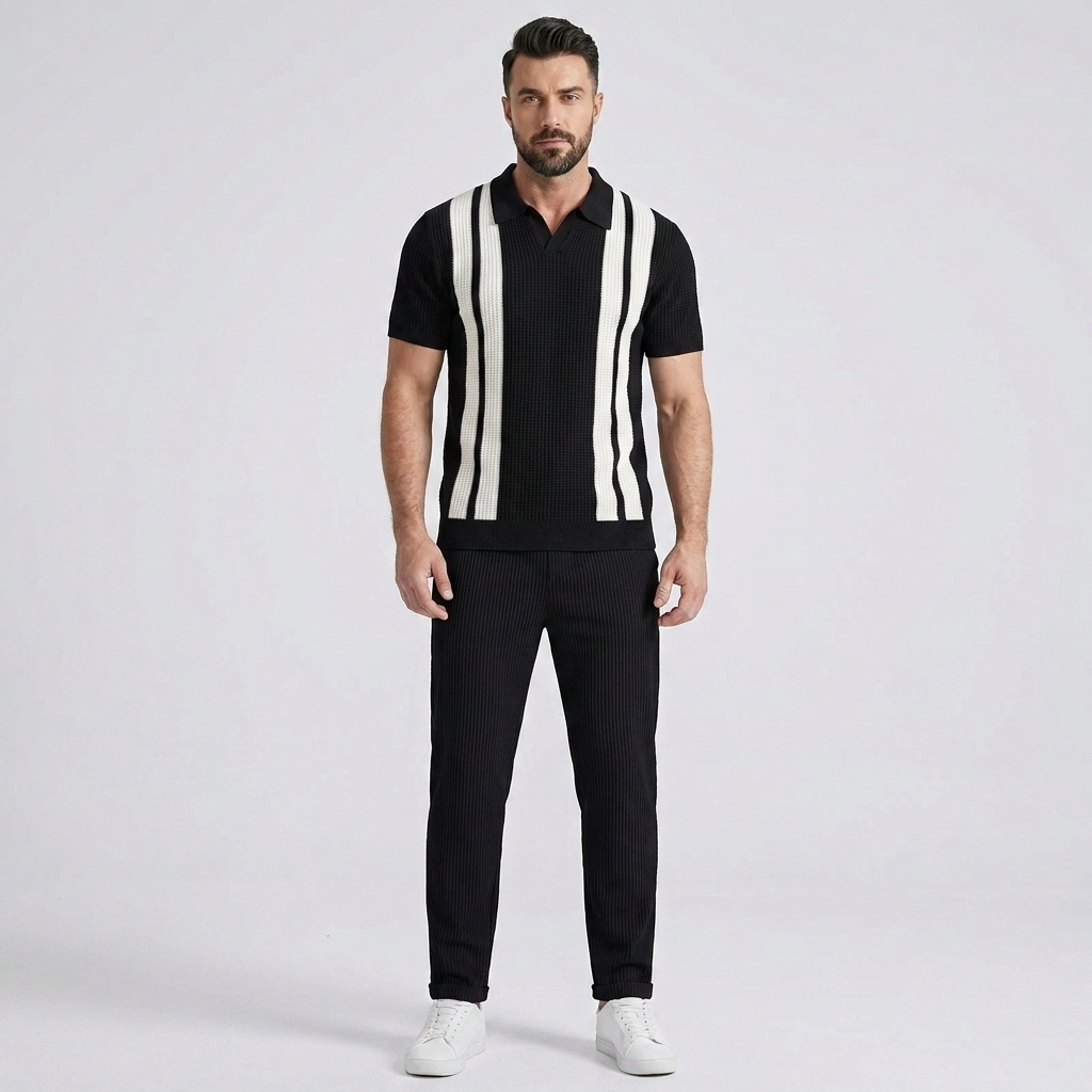 Man wearing black striped knit polo and waffle drawstring pants in outdoor setting