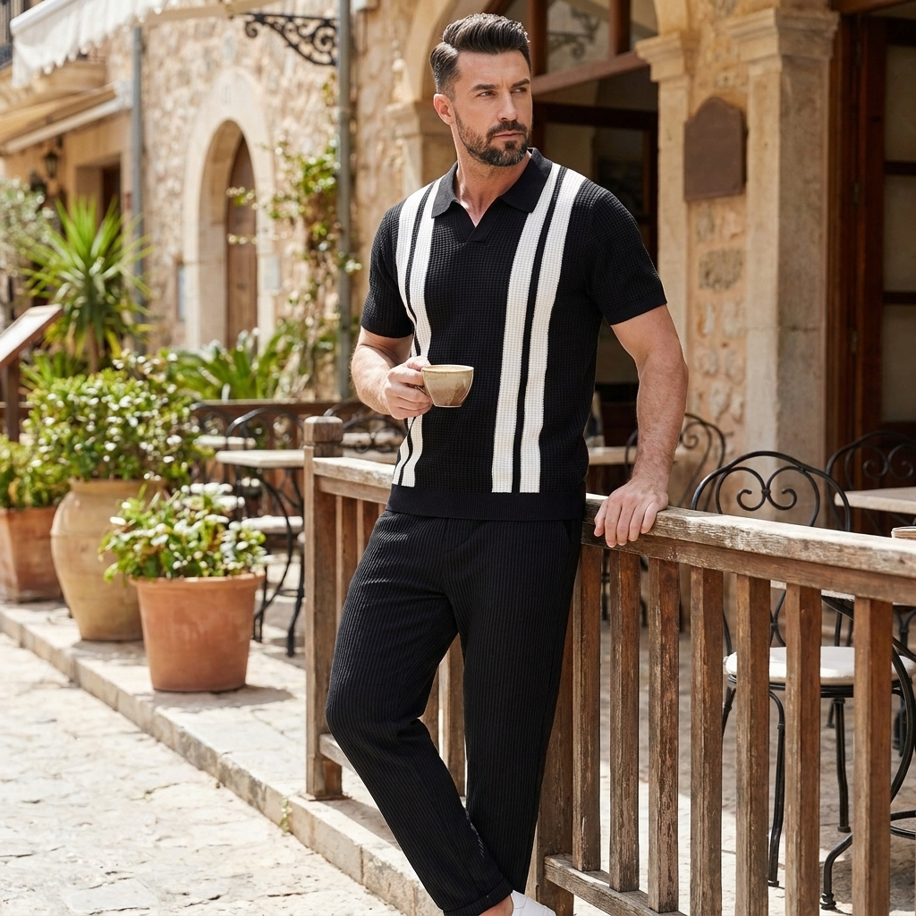 Man wearing black striped knit polo and waffle pants in sunny outdoor lifestyle