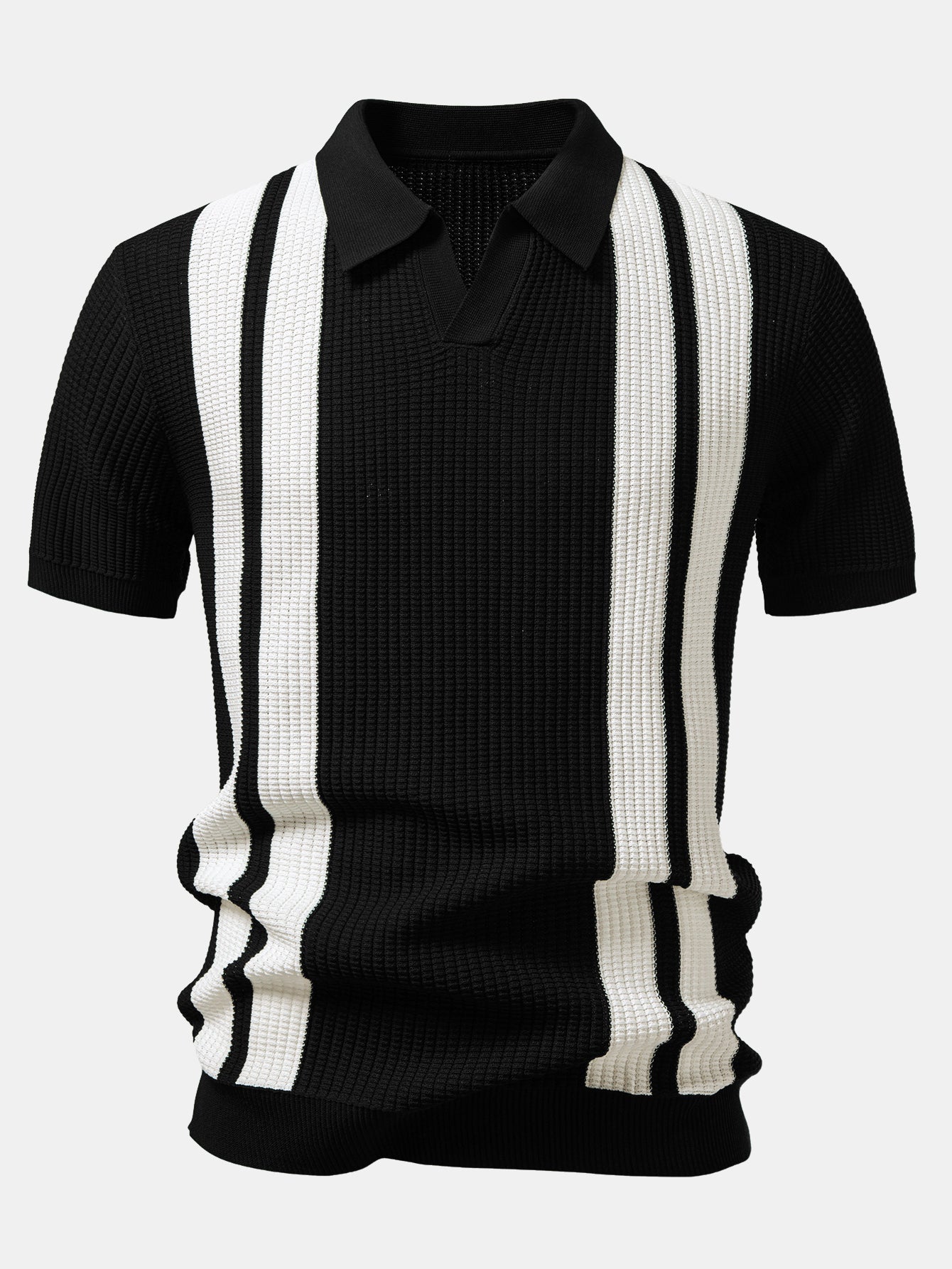 Man in black striped knit polo and waffle pants walking in outdoor summer scene