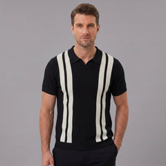 Man wearing a black striped knit slim fit polo shirt front view on plain background