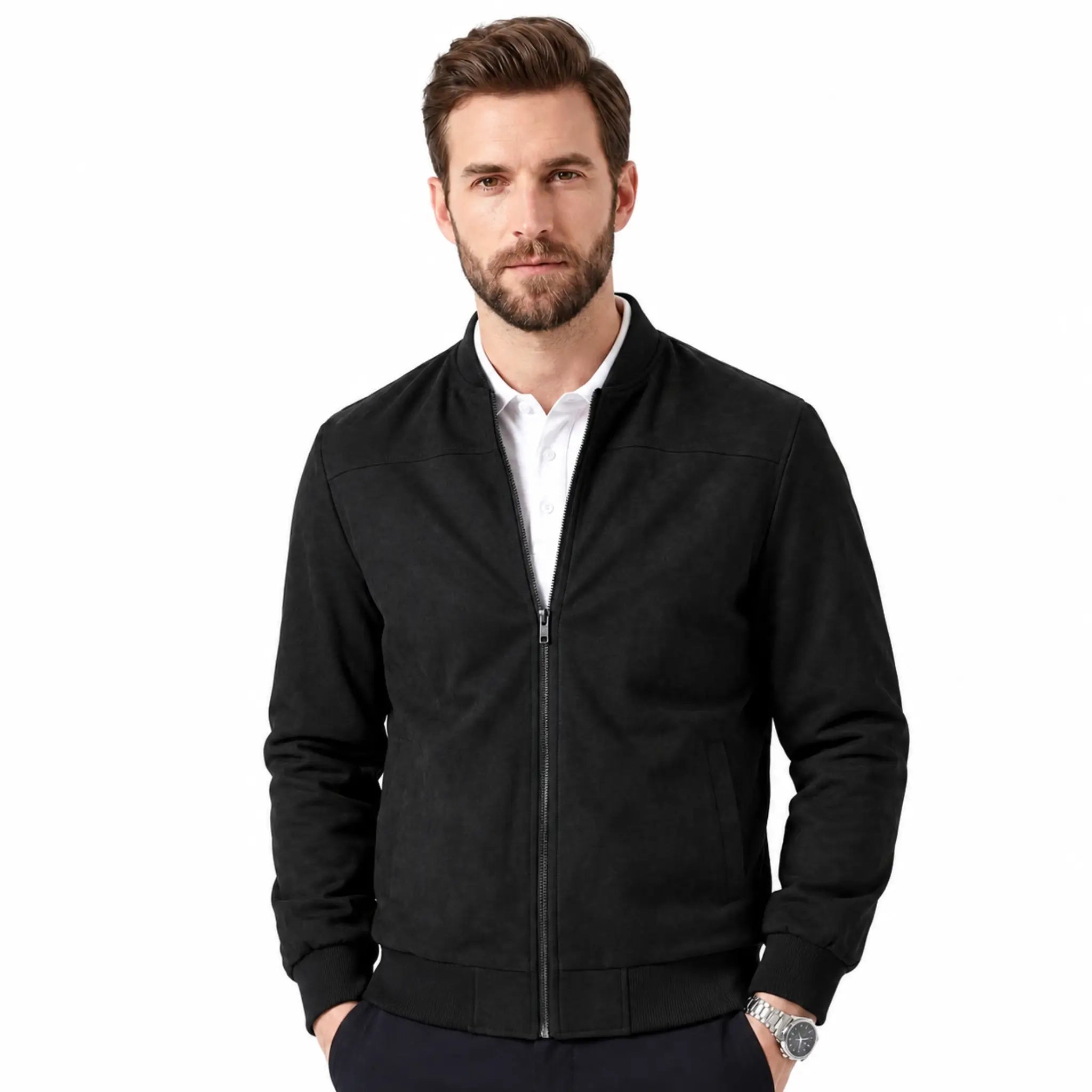 MannerCo black suede thermal jacket with stand collar and zip closure on male model