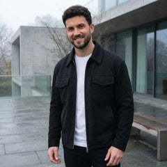 MannerCo black thickened slim fit zipper jacket with chest pockets worn outdoors