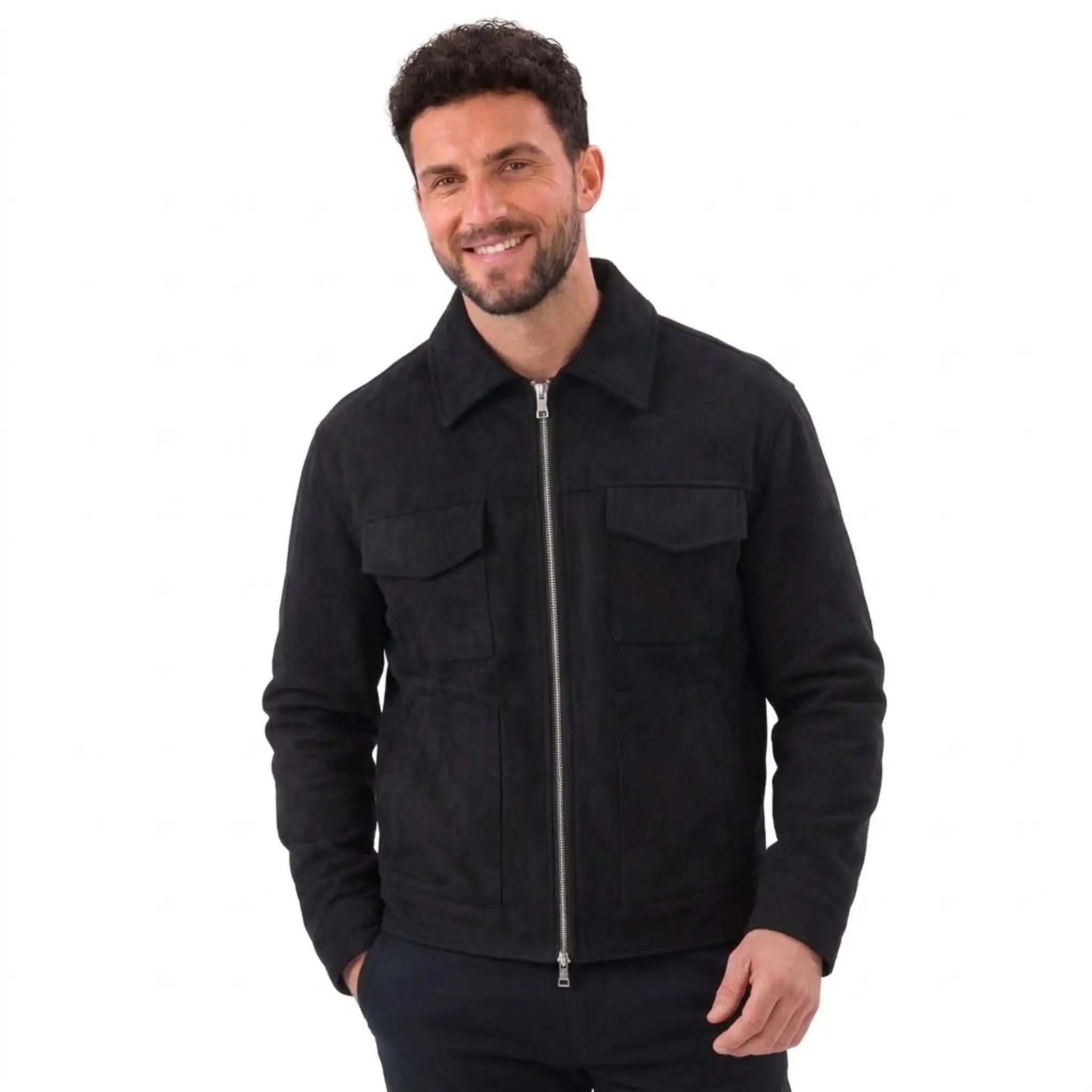 MannerCo black thickened slim fit zipper jacket with large chest pockets and straight hem