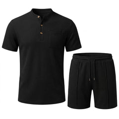 Waffle Stand Collar Shirt & Drawstring Shorts Set – Summer Outfit