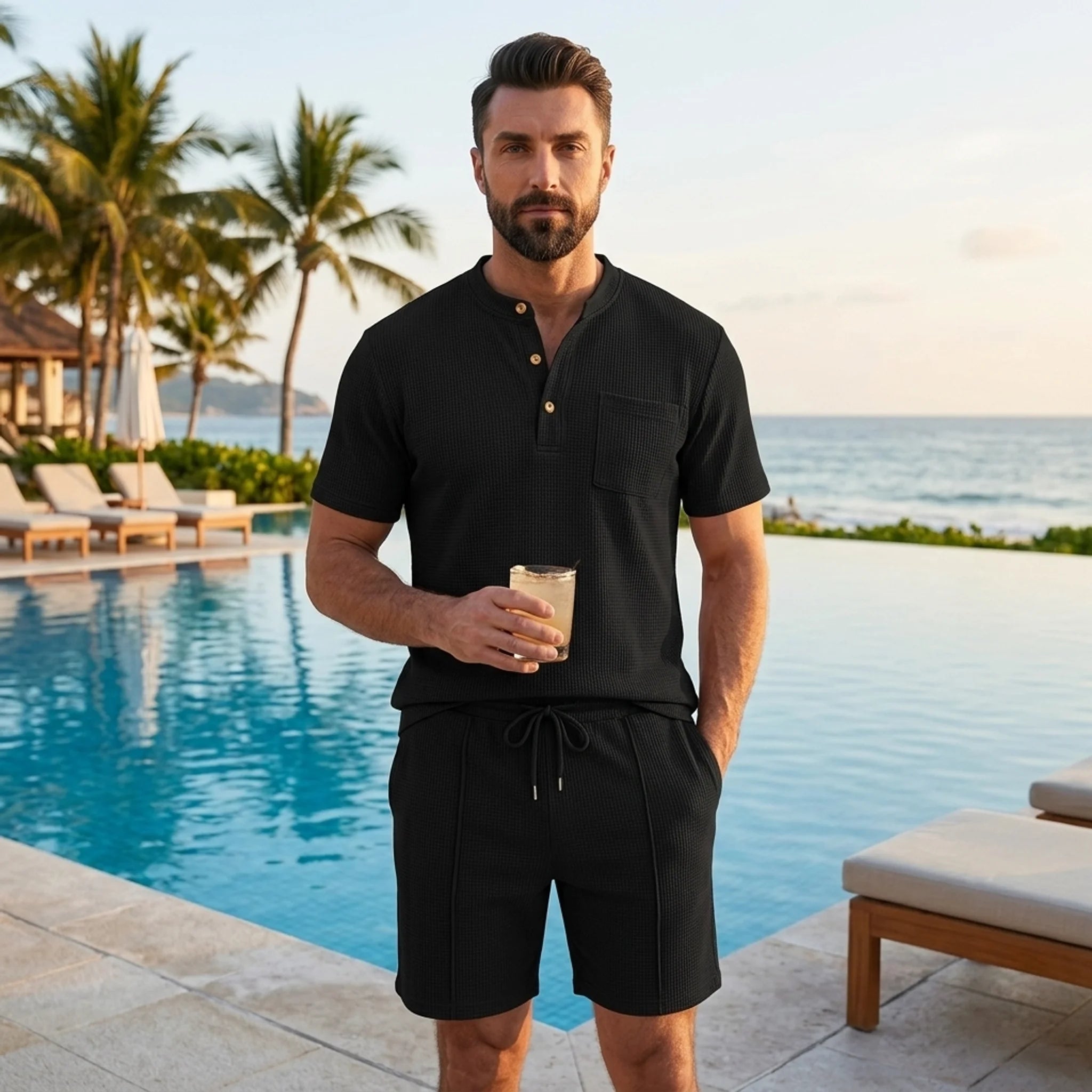Man in black waffle stand collar shirt and drawstring shorts in sunny outdoor summer scene