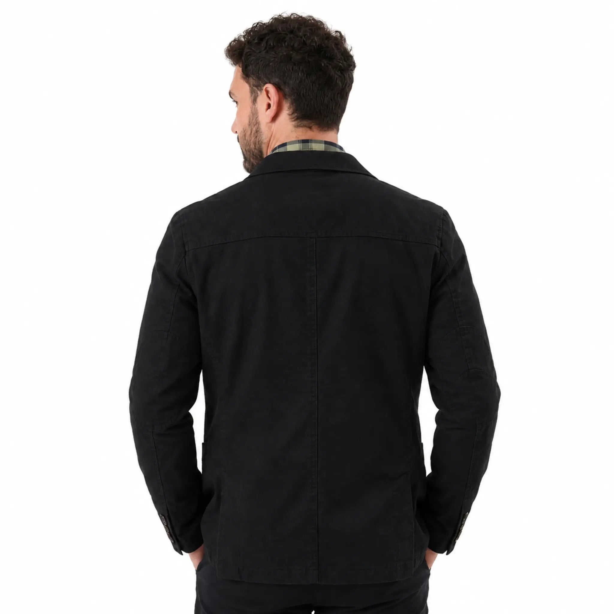 MannerCo black washed cotton casual jacket coat back view with plaid collar lining on male model