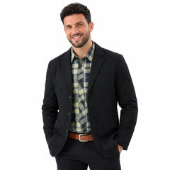 MannerCo black washed cotton single-breasted casual blazer jacket with long sleeves front view