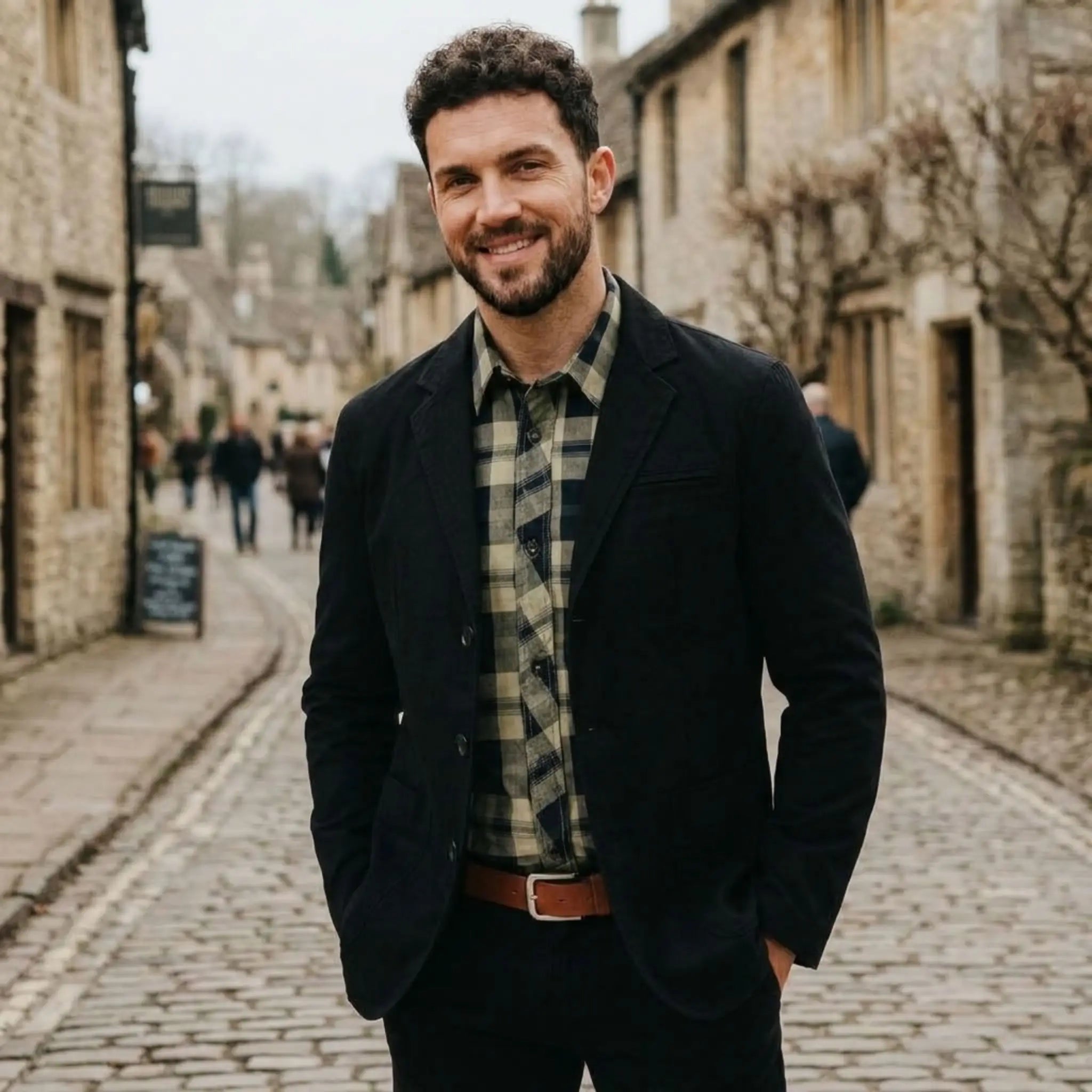 MannerCo black washed cotton casual blazer jacket on man in cobblestone village street