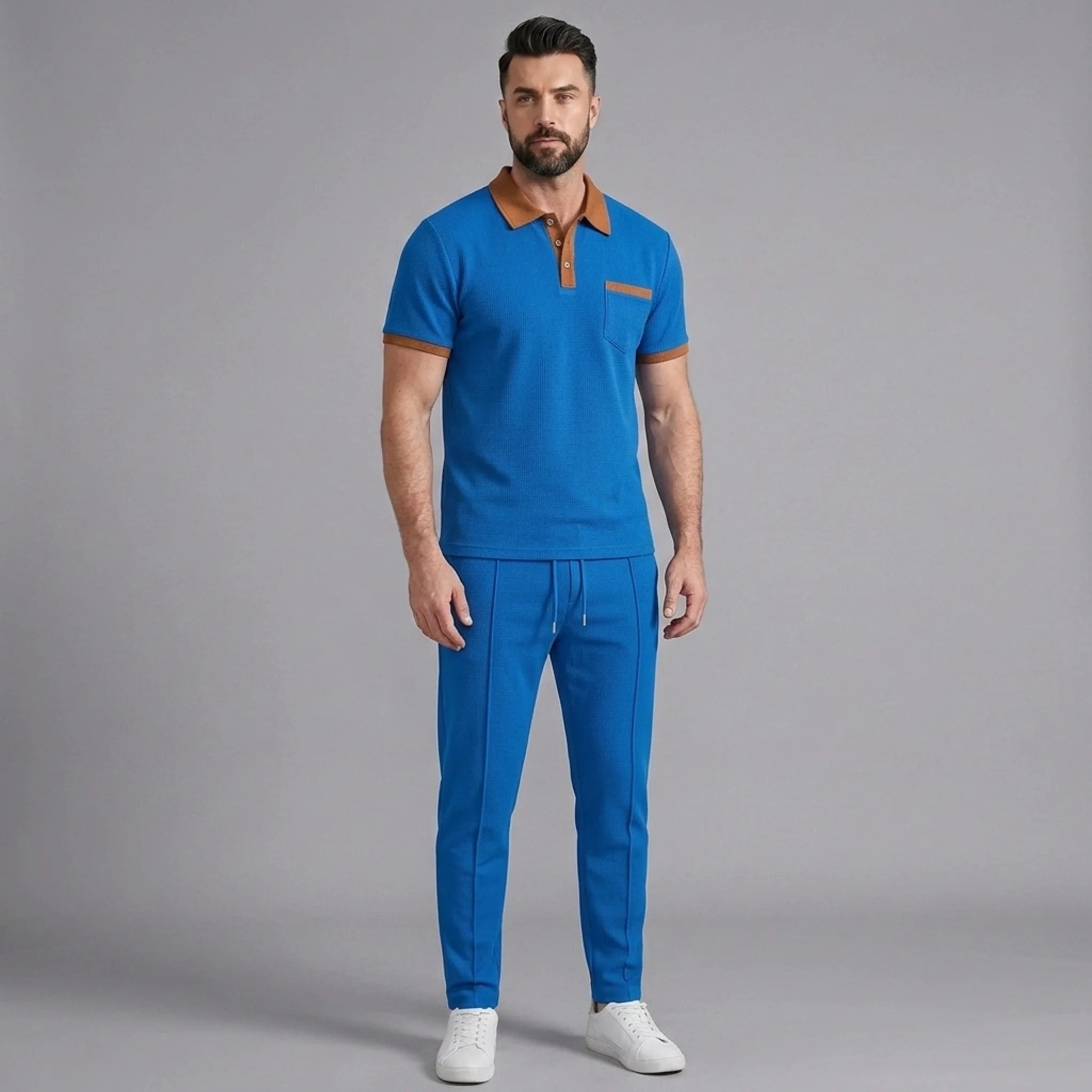 Back view of man wearing blue color block waffle polo and straight leg pants