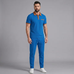 Back view of man wearing blue color block waffle polo and straight leg pants