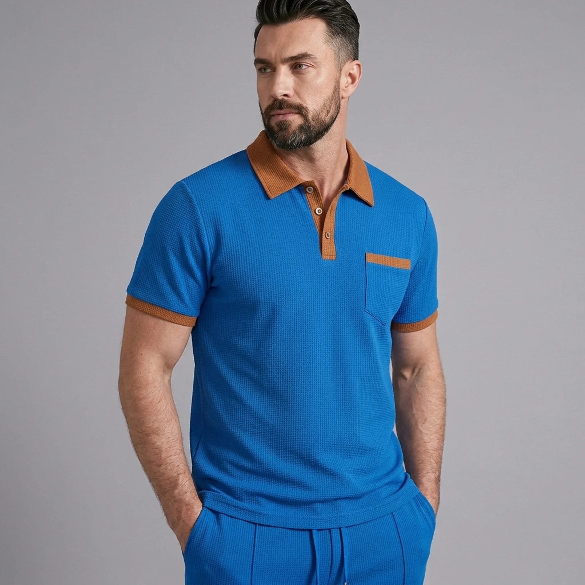 Side view of man in blue color block waffle polo and straight leg pants