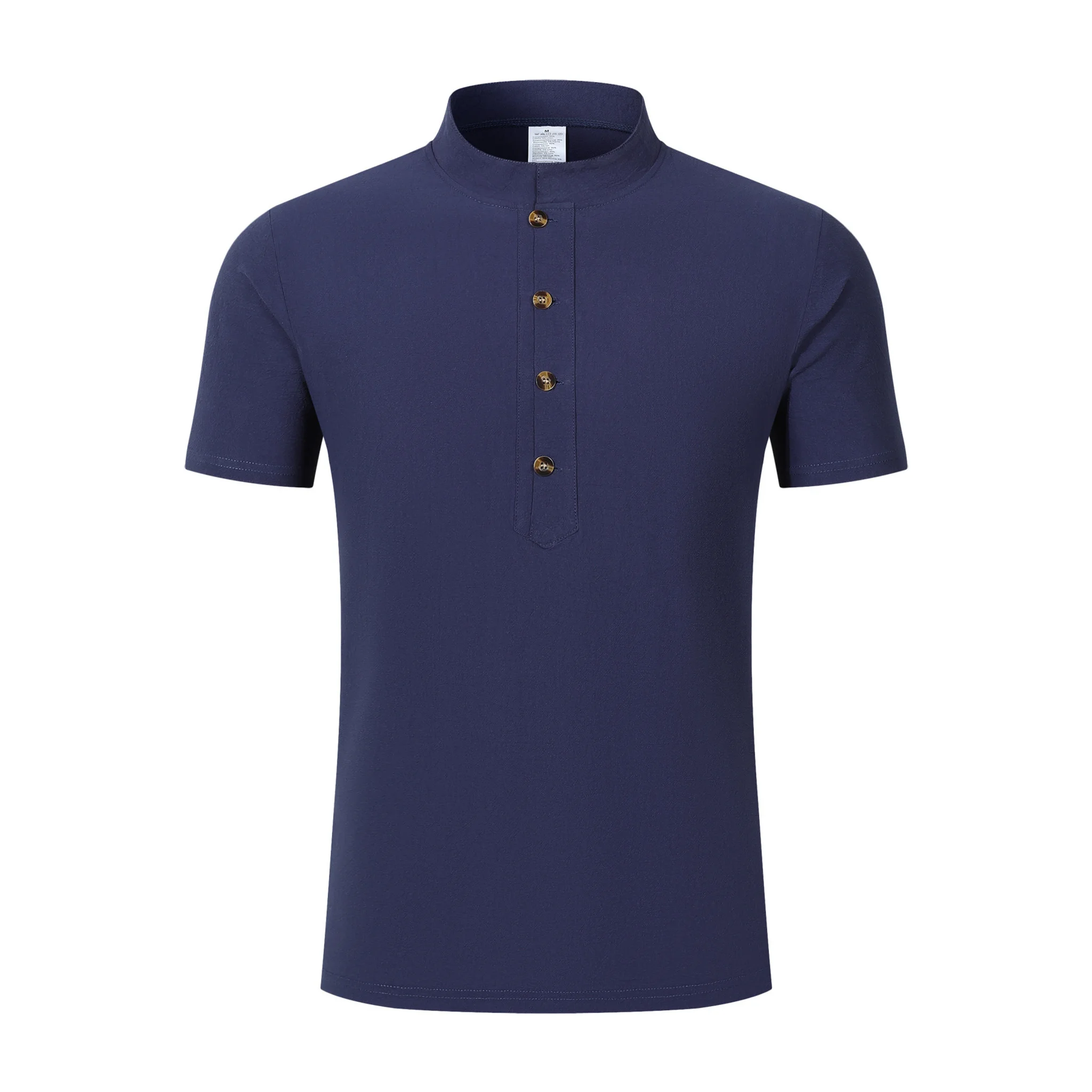 Back view of man wearing blue linen jacquard short sleeve polo shirt