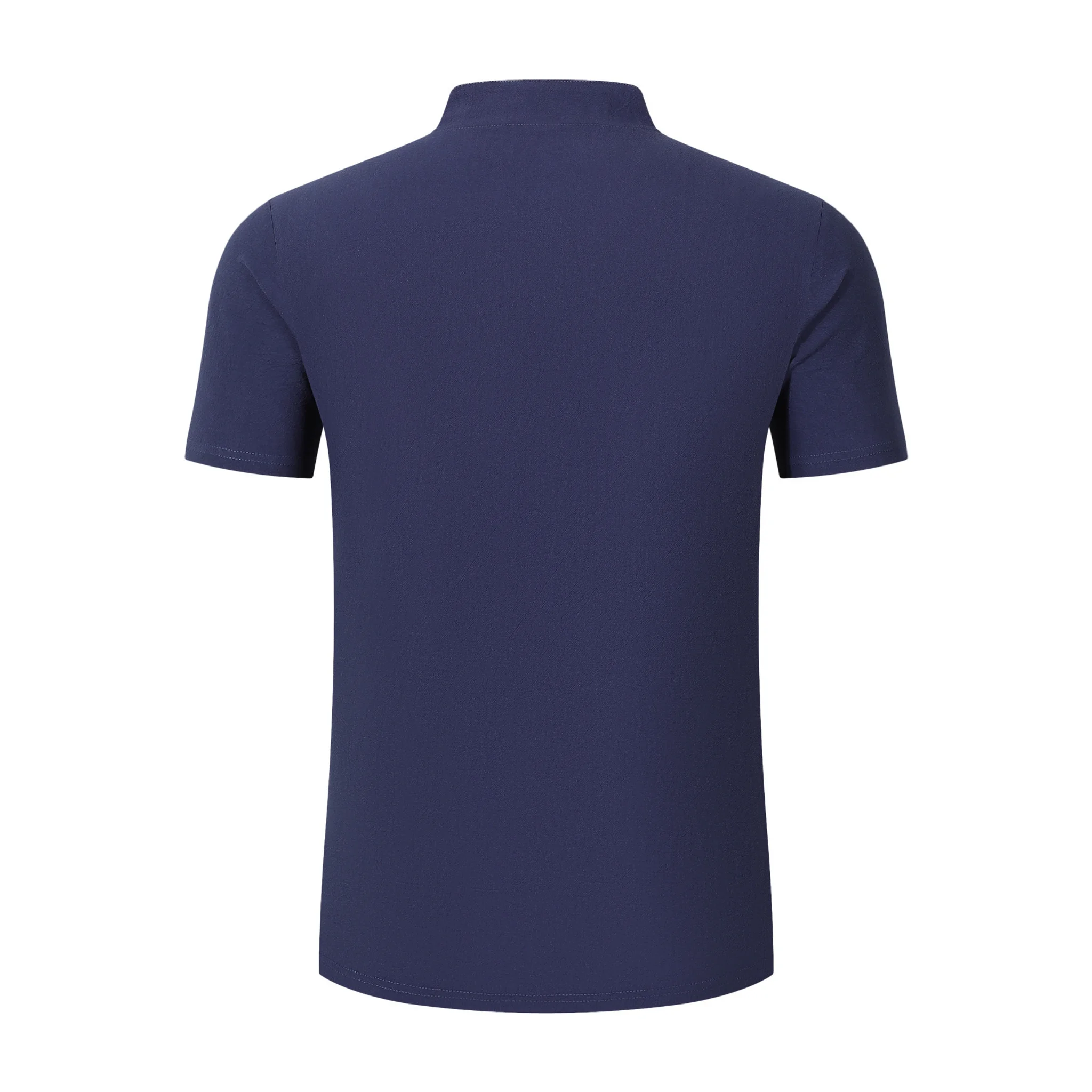 Man wearing a blue linen jacquard short sleeve polo shirt front view on plain background