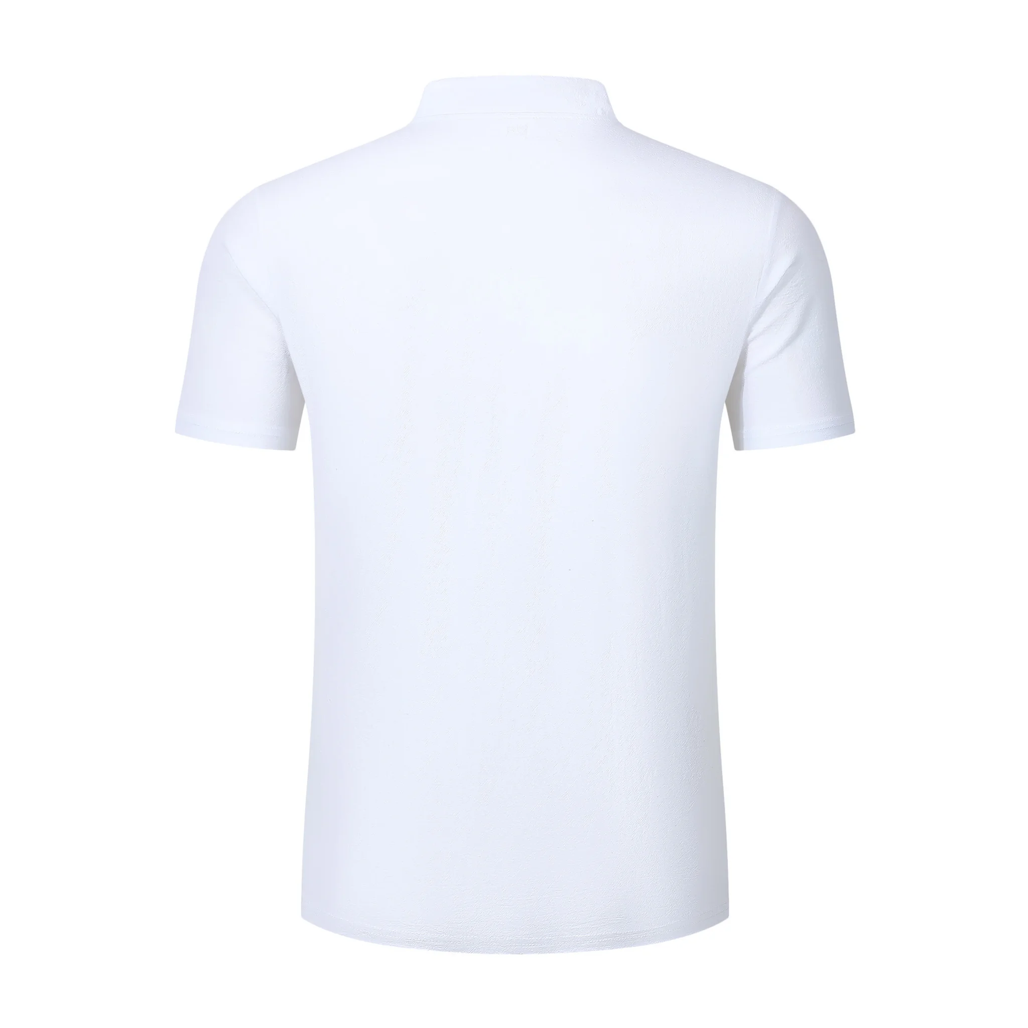 Side view of man in blue linen jacquard short sleeve polo shirt on plain background