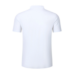 Side view of man in blue linen jacquard short sleeve polo shirt on plain background