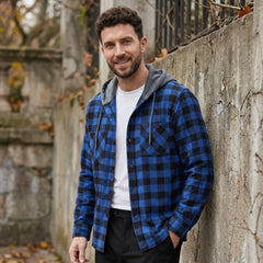 MannerCo blue plaid hooded flannel jacket worn open over white tee outdoor lifestyle