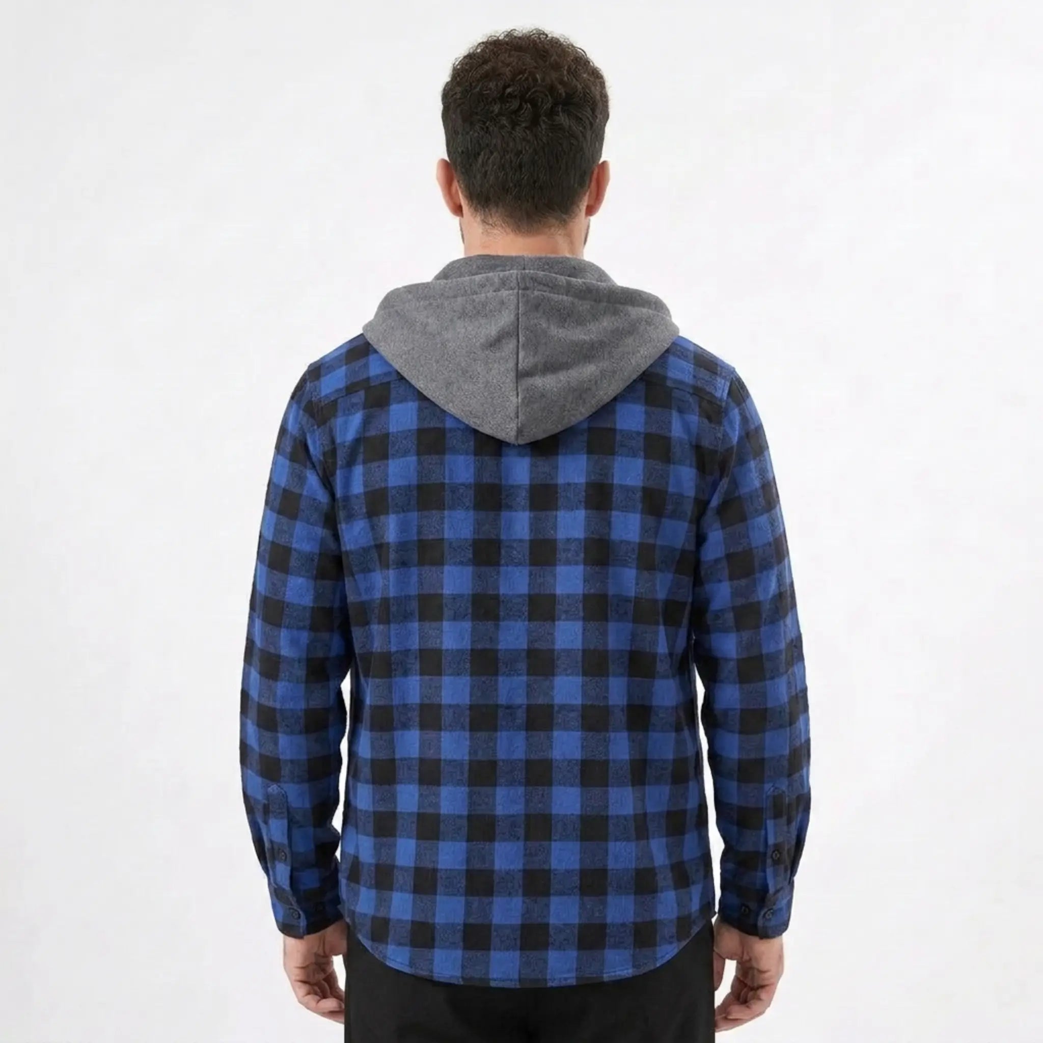 MannerCo blue plaid hooded flannel jacket back view with gray hood