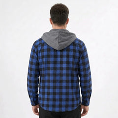 MannerCo blue plaid hooded flannel jacket back view with gray hood