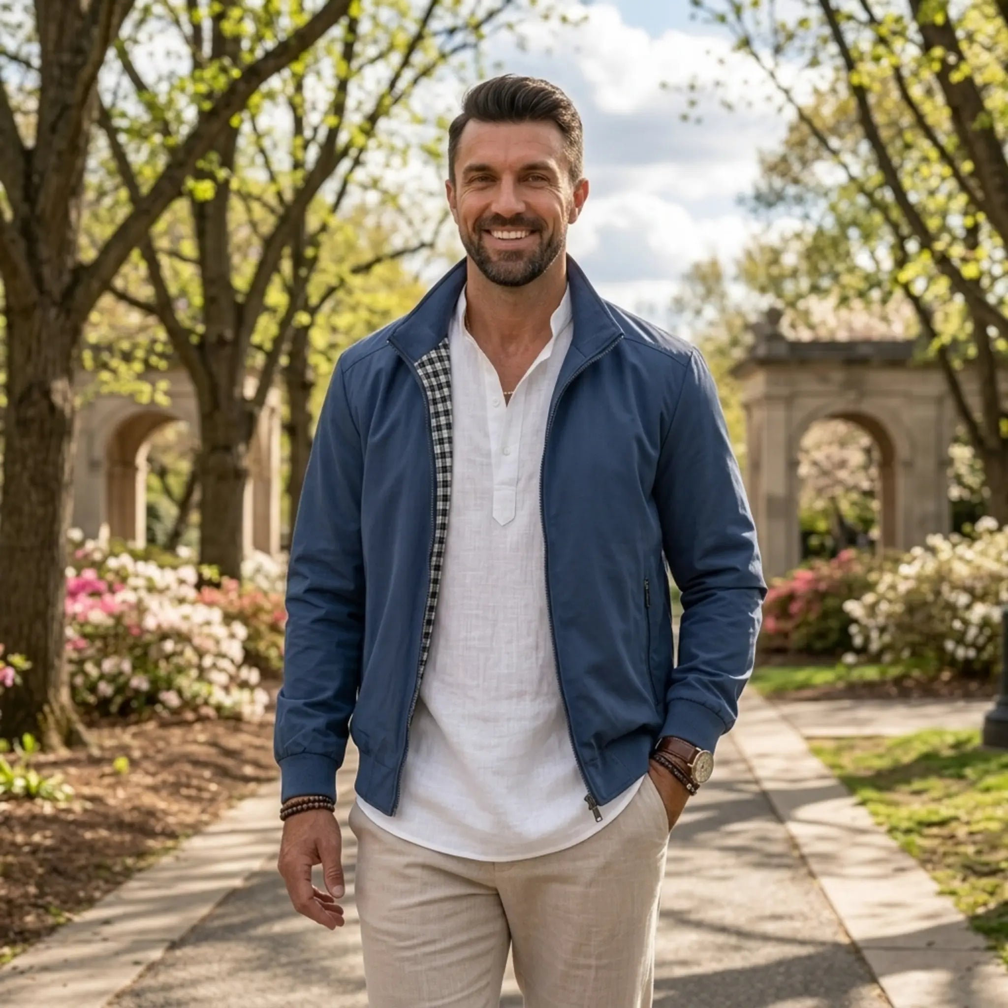 Man wearing MannerCo blue solid bomber jacket in outdoor lifestyle setting