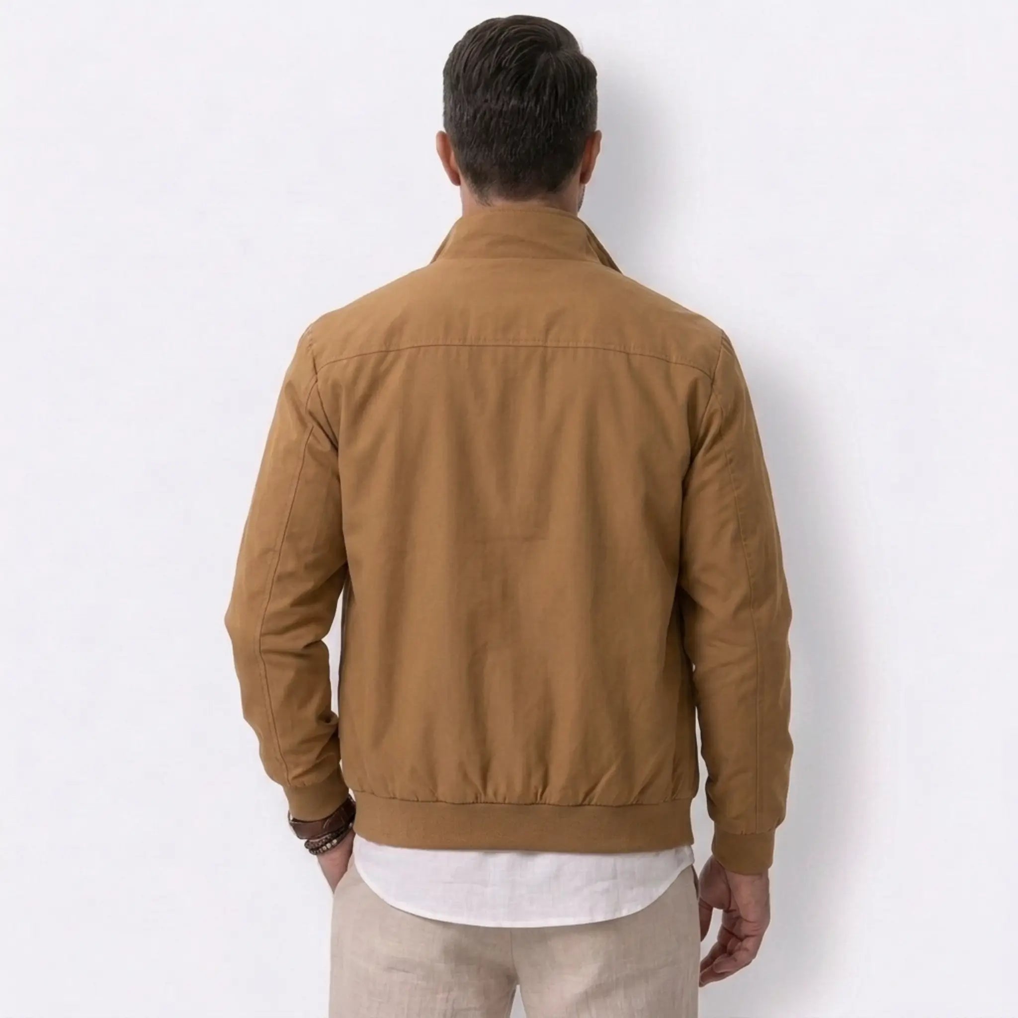 MannerCo khaki solid bomber jacket back view with stand collar and ribbed hem