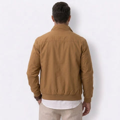 MannerCo khaki solid bomber jacket back view with stand collar and ribbed hem