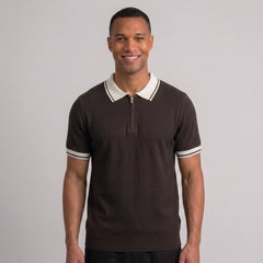 Man wearing a brown color block knit polo shirt with lapel collar front view