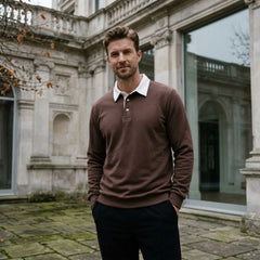 MannerCo brown polo collar hoodie loose fit worn outdoors classic style