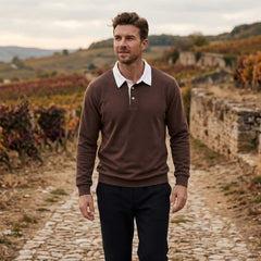 MannerCo brown polo collar hoodie with white contrast collar worn outdoors in vineyard setting