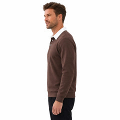 MannerCo brown polo collar hoodie side view with white collar detail and button closure