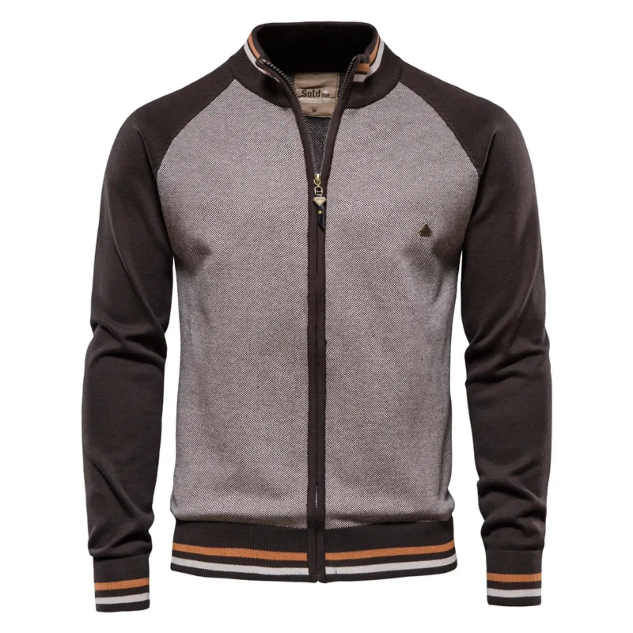 MannerCo brown raglan sleeve zip cardigan sweater with stand-up collar and striped ribbed hem