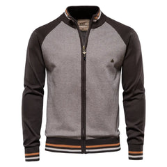 MannerCo brown raglan sleeve zip cardigan sweater with stand-up collar and striped ribbed hem