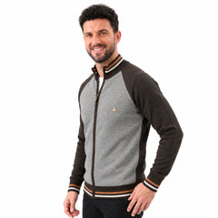 MannerCo brown raglan sleeve zip cardigan sweater with striped collar and cuffs slim fit side view