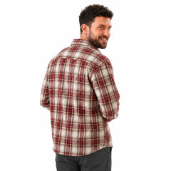 MannerCo burgundy plaid long sleeve shirt back view relaxed fit on male model