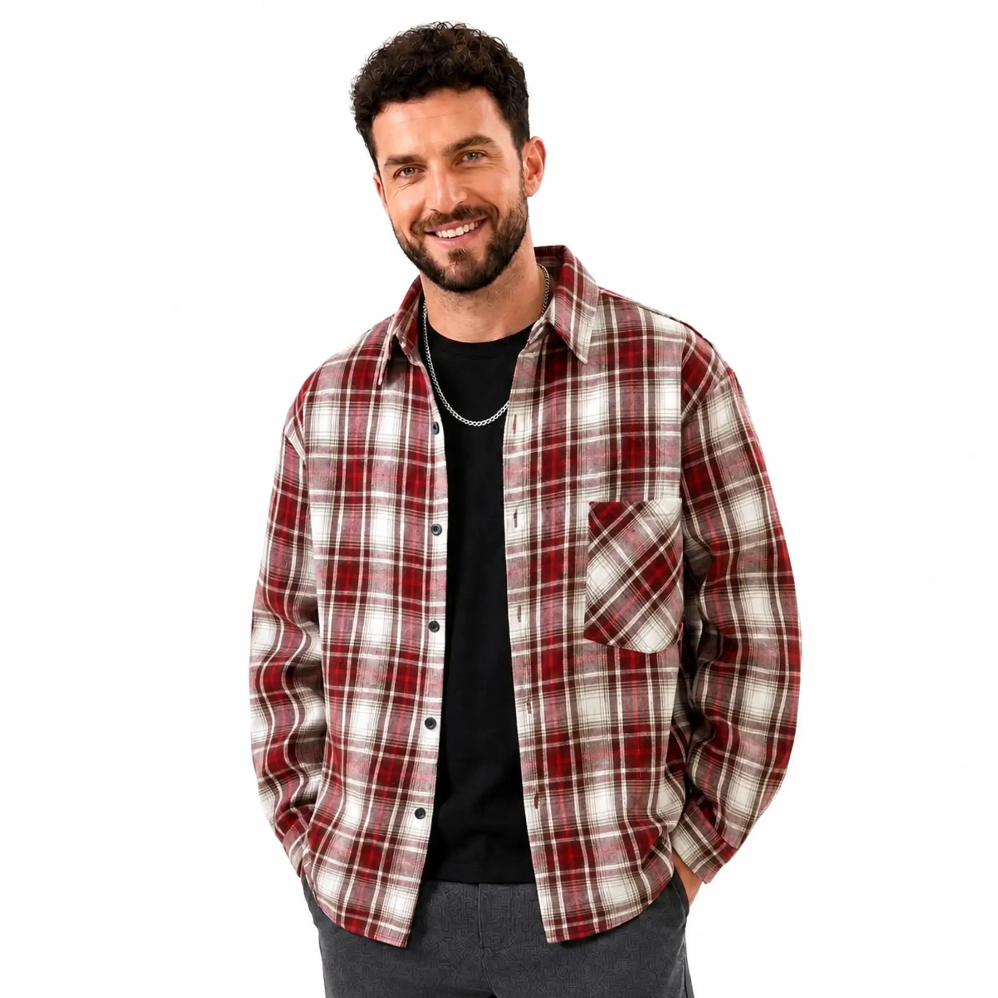 MannerCo burgundy plaid lapel shirt long sleeve relaxed fit worn open over black tee