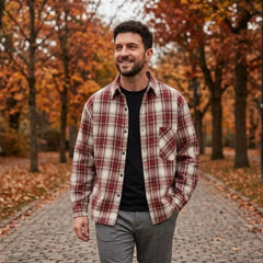 MannerCo burgundy plaid flannel shirt worn outdoors in autumn park relaxed fit long sleeve