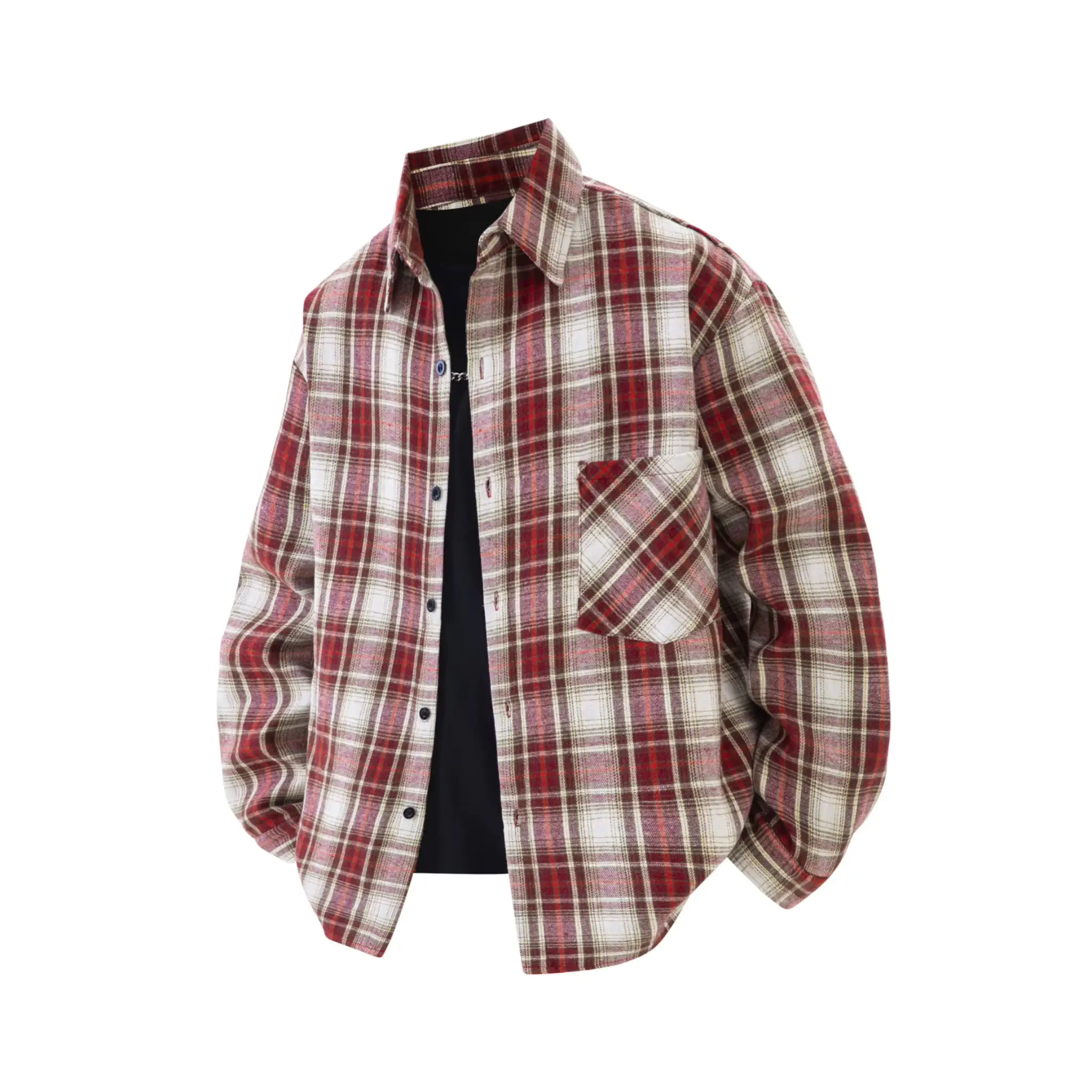 MannerCo burgundy plaid lapel shirt long sleeve relaxed fit product display