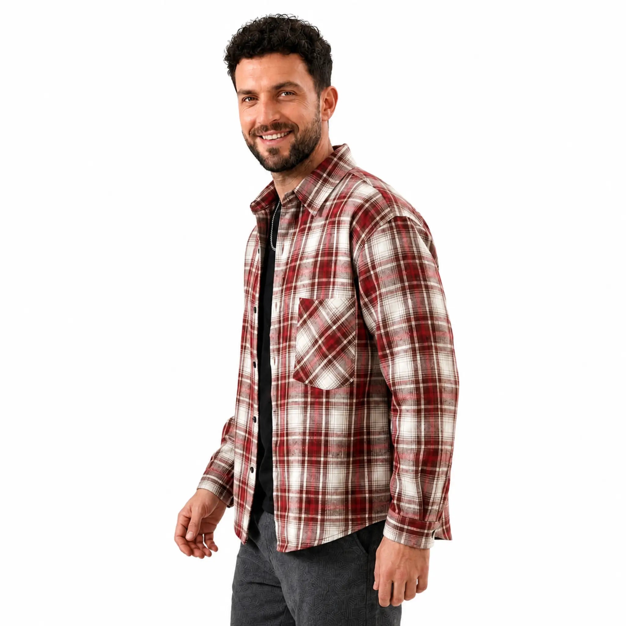 MannerCo burgundy plaid flannel shirt side view long sleeve relaxed fit on male model