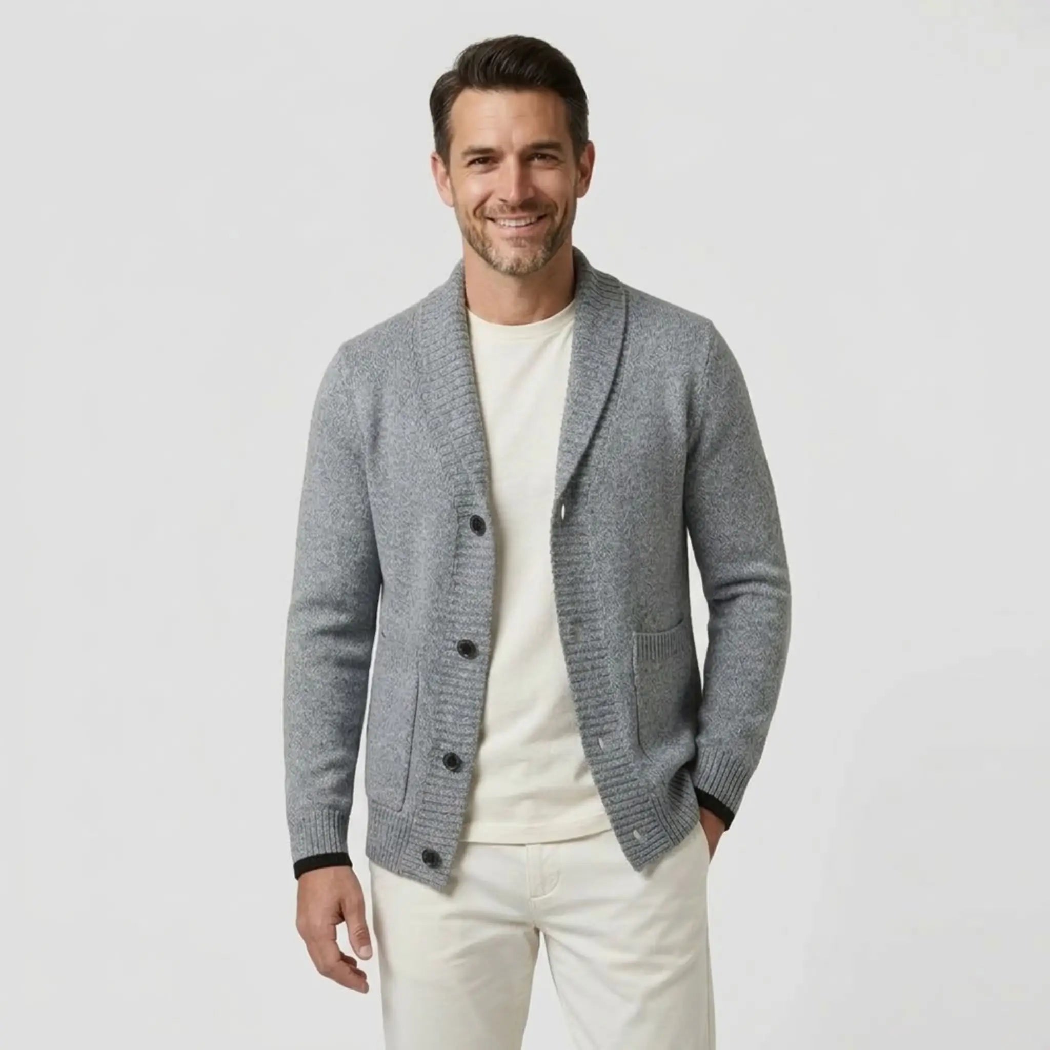 MannerCo men's light gray slim fit cardigan sweater with shawl lapel and button closure