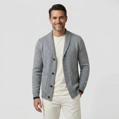 MannerCo men's light gray slim fit cardigan sweater with shawl lapel and button closure